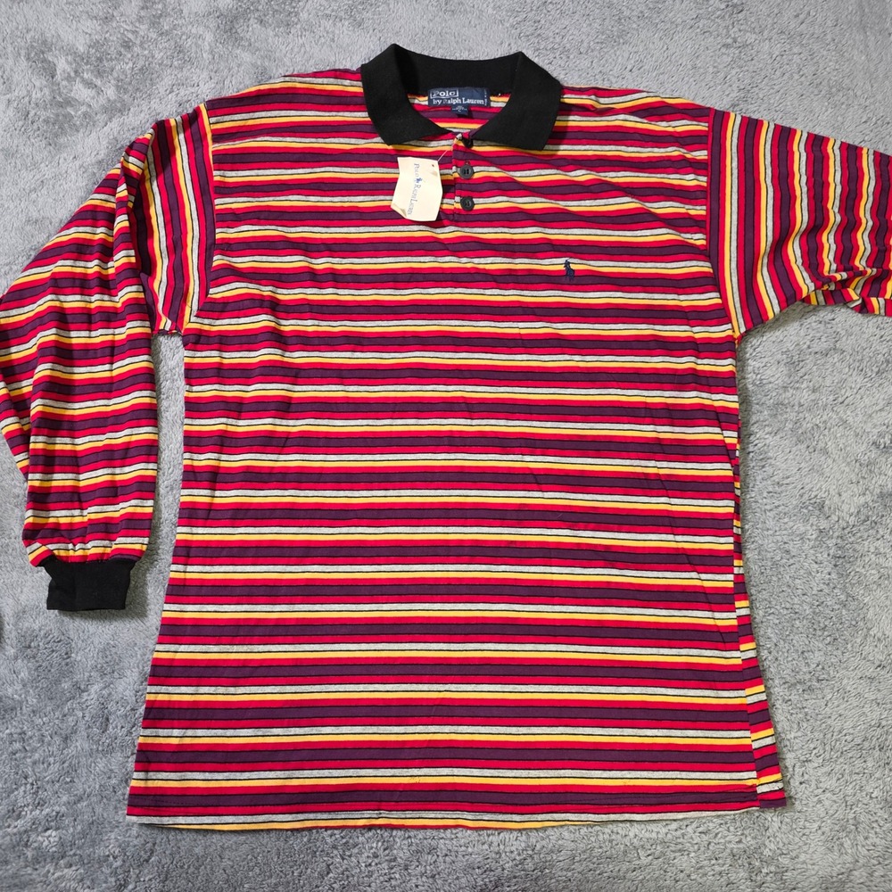 Polo Ralph Lauren Mens L Long Sleeve Polo Shirt Multicolor Striped Vintage USA
